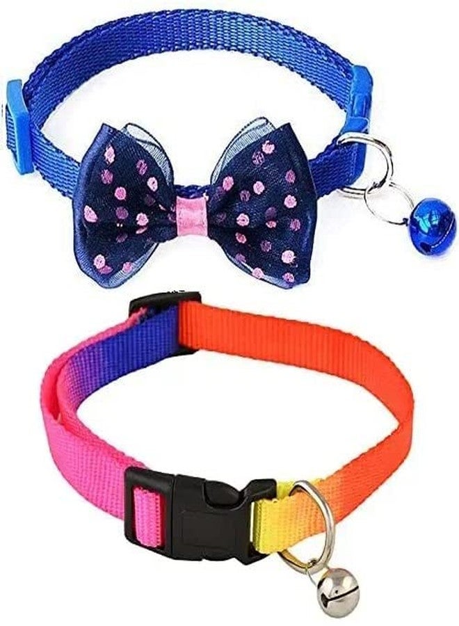 Pups&Pets طوق رقبة صغير للكلاب والقطط من Pups&Pets، مقاس 10 مم، مزين بفيونكة لطيفة وجرس قابل للتعديل، بالإضافة إلى طوق أمان صغير الحجم من النايلون بألوان قوس قزح مع أجراس - عبوة من قطعتين (لون أزرق) - Image 1